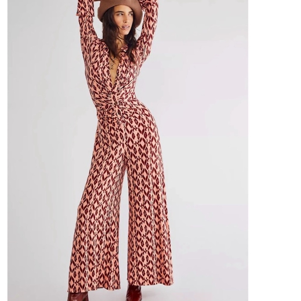Free People Shayla Leopard Print Peach Pink Burgundy Jumpsuit